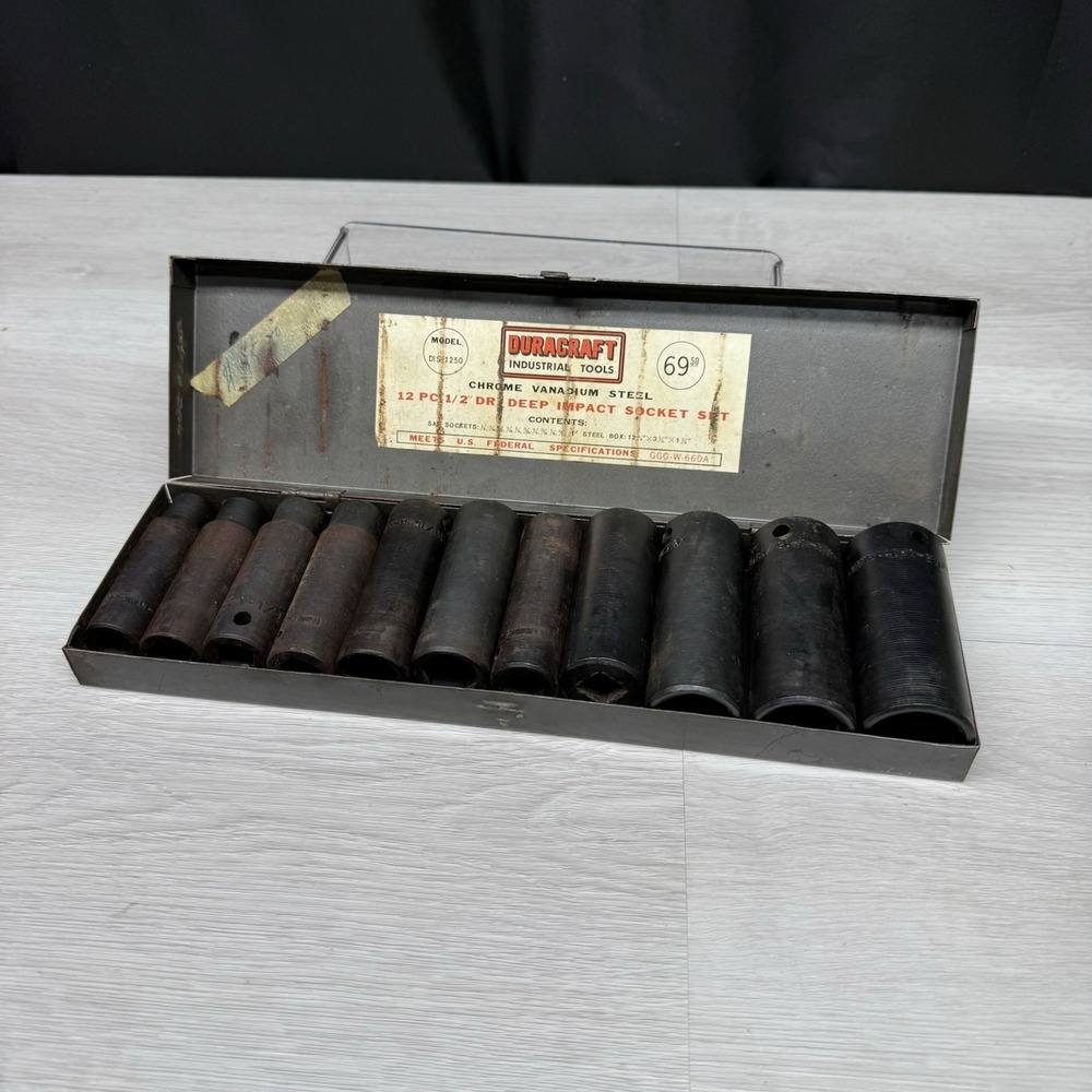 Vintage DURACRAFT 12 Piece Impact Socket Set SAE 1/2 Dr DIS 1250 Metal Case